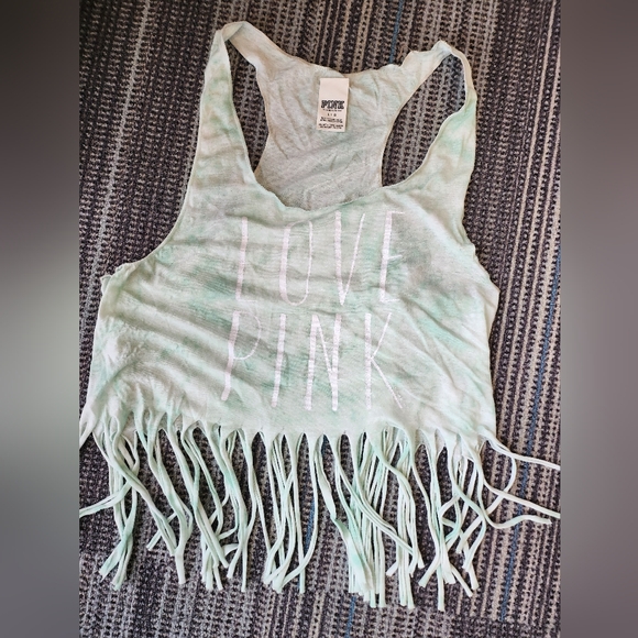 PINK Fringed Tank Top Semi Sheer Tie Dye Turquoise and White - Picture 1 of 5